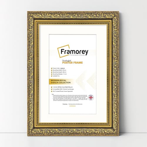 FRAMOREY Dahlia Ornate Effect Picture Frames, A3 Size Gold Photo Frame With A4 Size White Mount, Traditional Wall Art Poster Frames, Photo Print Frame