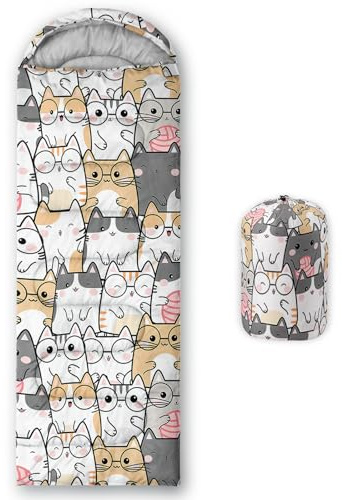 QOOMO Kawaii Cat Printed Camping Sleeping Bags,3 Season Warm & Cool Weather,Lightweight,Waterproof Sleeping Bags for Adults Kids Girls,Traveling,and Outdoors,Camping Gear Equipment,31x90inch