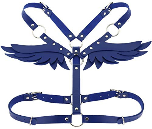 Reggicalze in pelle punk gotico da donna con parte superiore in pelle con catena per il corpo, cinghia per il corpo, tracolla cinched cintura (blu reale)