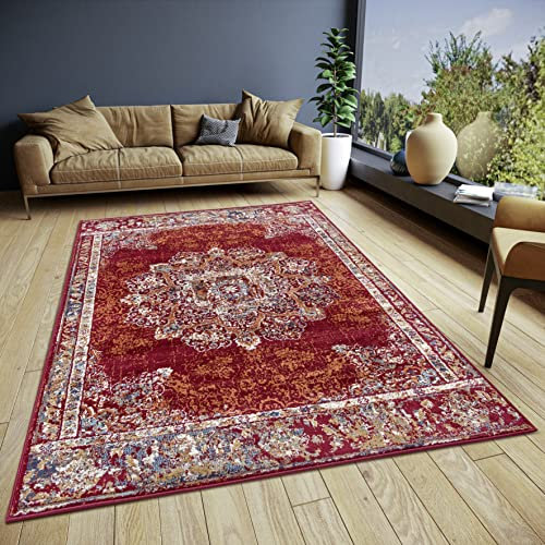 Hanse Home Maderno - Alfombra Oriental clásica, densa, con Adornos, Aspecto Vintage, Pelo Corto Suave, para Dormitorio, Comedor, salón, Pasillo, Rojo, 57 x 90 cm