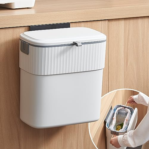 COCOYA Hängande papperskorg med lock, 2,3 gallon kök soptunna matavfall behållare bekväm hållbar över skåpdörr husbil bänk camping skåp under handfat kompost badrum väggmonterad