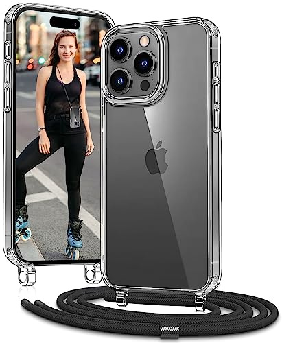 Vaykwo Handykette mit Band für iPhone 13 Pro Hülle - Necklace Handyhülle - Transparente Case zum Umhängen mit Kameraschutz und Bildschirmschutz - Schwarz | Necklace Handyhülle, Transparente Case zum Umhängen, Verstellbar und Abnehmbar