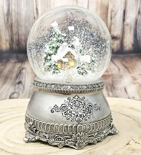 Nostalgie Schneekugel Winterhütte im Winterwald | Silber Sockel Ornamente | mit Spieluhr | Breite 10cm, Höhe 14 cm | Schüttelkugel Weihnachten | 20318