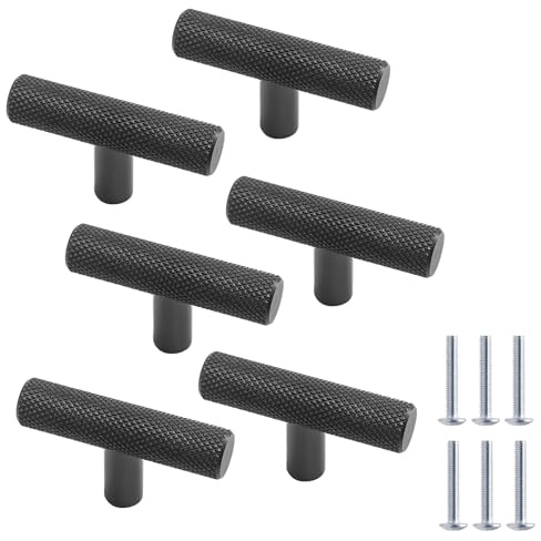 Cjueiom Matt Black 50mm T Bar Cupboard Knobs, 6 Pack | Knurled with Diamond Pattern, Drawer Pull Handles, For Wardrobe Door Kitchen Cabinet Bedroom Drawer Closet
