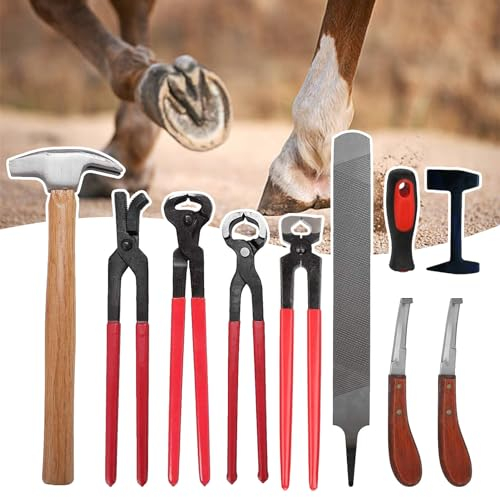 Kit di attrezzi per zoccoli da maniscalco da 9 pezzi con custodia, include set di pinze per tagliare i ferri di cavallo/coltello per zoccoli con impugnatura destra/martello per zoccoli/guanti