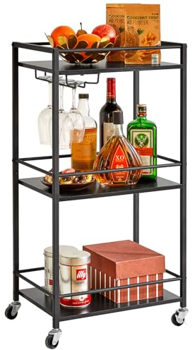 IBUYKE Home Bar Servierwagen,Kleiner Barwagen mit 3-Etagen, Mobiles Getränkeregal mit Weinhaltern und Glashaltern,Mini-Bar für draußen, kleinen Raum, Küche Schwarz TMJ519B