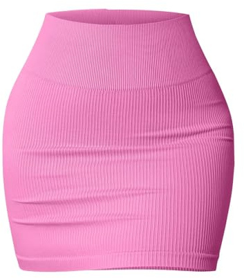 Damen Röcke Kurz Sommer Einteiliger Basic-Minirock für Damen, vielseitig, dehnbar, gerippt, lässig, hohe Taille Damenrock Knielang Schwingend (Pink, L)