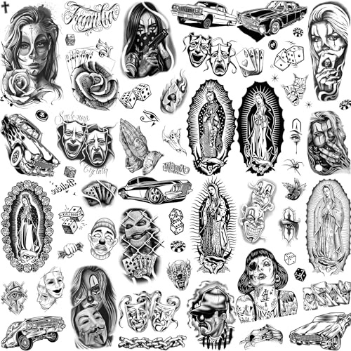 6 Blatt Chicano Temporäre Tattoos Damen Frauen Männer Herren Erwachsene, Halloween Gesichts Make up Set Schwarz Chicana Guadalupe Fake Klebetattoos Tattoo Aufkleber Gothic Mexiko Tatoos Festival