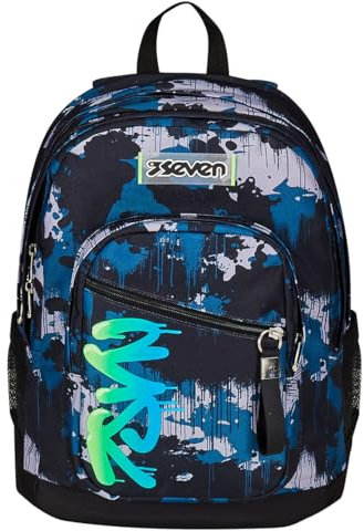 Seven Zaino Doppio Scomparto New Fit, GreenScreen, Blu, Tasca Porta Borraccia, Maxi Capienza, Schienale Preformato, Zaino Scuola e Viaggio, Bambini e Ragazzi
