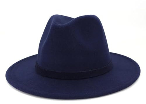 FULUJIDI Fedora Trilby Filzhut Hut Männer Frauen Breite Krempe Filz Jazz Fedora Hüte Retro-Stil Einfarbig Panama Hut Formal Hut 59-60Cm Marine