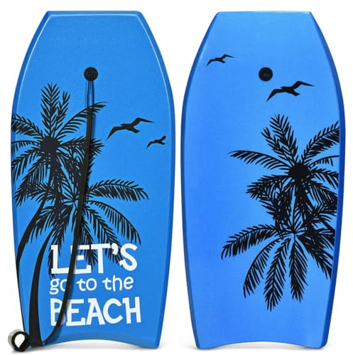GYMAX Surfbrett 105 x 51 cm, Schwimmbrett mit Zugseil, max. Belastung: 85 kg, Bodyboard Surfboard mit EPS Schaumstoff-Kern, für Kinder & Erwachsene (Blau)