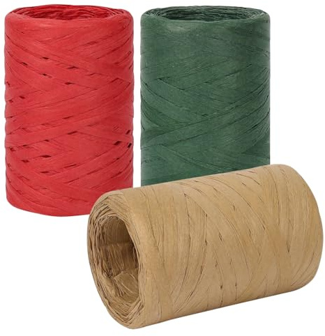 3 Rolls 300m Raffia Ribbon, Natural Matte Raffia Ribbon Paper String for Gift Wrapping, Crafting, Wedding Bouquet Packing and Crocheting (Red Green Brown)