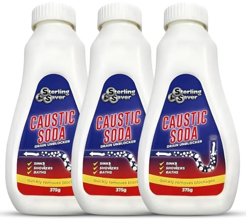 Powerful Caustic Soda Drain Cleaner(1125g) - 375g x 3 Bottles | Effective Clog Remover, Industrial Strength Formula, Fast Action; Remove Blockages Quickly and Conveniently, Drain Maintenance