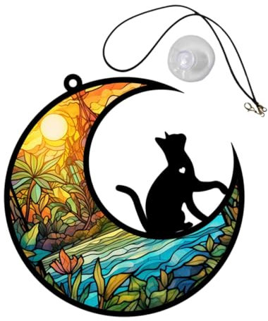 TOPPERFUN Mondkatzen-fensterornament Aus Acryl Hängendes Katzenmond-dekor Für Tür Und Wand Filigranes Fensterdekor Für Drinnen Und Draußen Mit Aufhängeseil Und Saugnapfhaken
