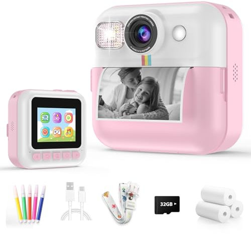 Kids Camera for Girls, 1080P Instant Print Camera, Kids Christmas Birthday Gifts Girls Toys, Children Digital Camera with 32GB Card, Toddler Camera Portable Toys for 3 4 5 6 7 8 9 Year Old Girl Pink
