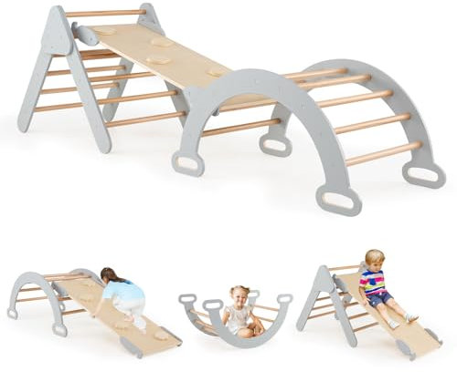 HOMASIS 4 in 1 Kletterdreieck mit Rutsche, Wippe, Kletterbogen & Leiter, Klettergerüst mit doppelseitige Rampe, Holz Sprossendreieck Kletterspielzeug Spielplatz für ab 1 Jahr (Grau, Ohne Kissen)