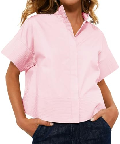 Cicy Bell Womens Cropped Short Sleeve Button Down Shirts Pleated Summer Dressy Casual Blouse Stand Collar Loose Fit Tops Light Pink