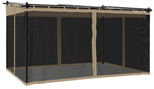 Gecheer Pavillon mit Netzwänden, Anbaupavillon Sonnenschutz Pergola Gartenpavillon Terrassendach Überdachung Gartenzelt Partyzelt Taupe 4x3 m Stahl