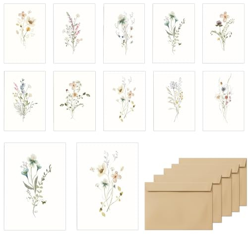 Blanko-Karten mit 12 Umschlägen, Blanko-Grußkarten, 10,2 x 15,2 cm, buntes Blumendesign, beschreibbare Blumen-Notizkarten und Umschläge, Blanko-Notizkarten, Schreibwaren für Heimwerker, Hochzeit