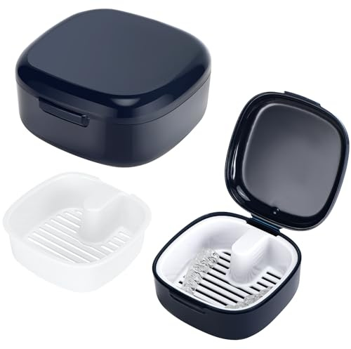 Zikenis Scatola per protesi dentarie con colino,coperchio per scatola per protesi portatile,contenitore per scatola per protesi,scatola per ammollo e conservazione di protesi dentarie (blu)
