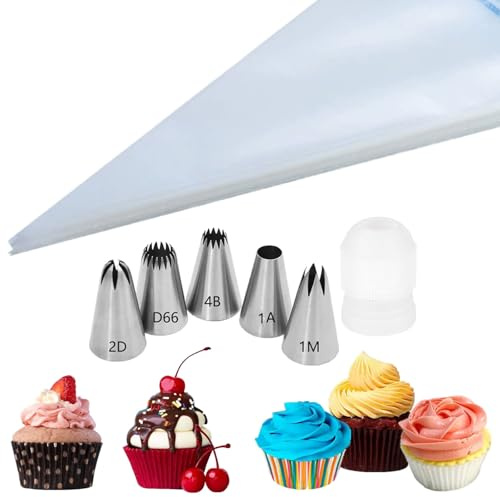 PACIOCEAN Professional Baking Kit 1M 2D 1A 4B D66 Piping Nozzles, 5 Large Tips for Rose, Macarons, 100 Disposable Bags and 1 Coupler
