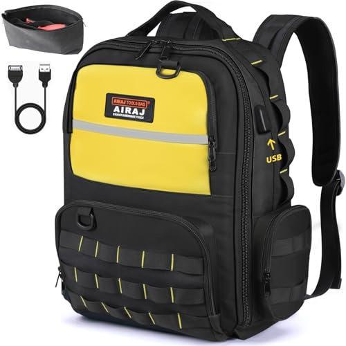 AIRAJ Werkzeugrucksack 46x40x18 cm, Werkzeug Rucksack mit 23 Taschen | Vollöffnungs-Design für Elektriker & Bauarbeiter (mit Doppelschicht-Teilebeutel)