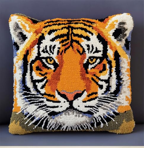 ORLUMY Latch Hook Kits Tiger Latch Hook Cushion Kits DIY Cross Stitch Sofa Cushion Cover with Latch Hook Tool Fit for Teenager and Adults Latch Hook Cushion Cover Kit 17X17 Inch