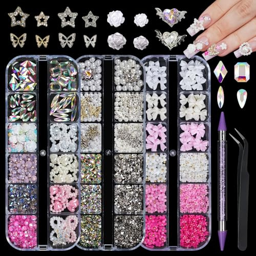 EARLMONI Rhinestones, AB Crystal Nail Gems Pink Opal Nail Rhinestones with Aurora Bubble Beads Pearls Star Heart Bows Nail Charms and Rhinestone Picker Tools for Kwaii Y2K Nail Art Decor - 3 Boxes | Y2K Flat Back Rhinestone Rhinestone Nail Art Charms Phone Cases with Rhinestone Selection Tool