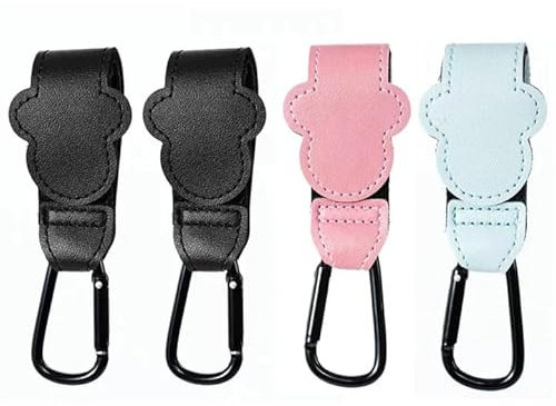 LEBKFT 4 Pcs PU Leather Buggy Clips, Adjustable Pram Hooks for Bags Anti-Slip Stroller Clips for Diaper Bag Pushchair Shopping & Travel Essentials (Black/Pink/Blue)