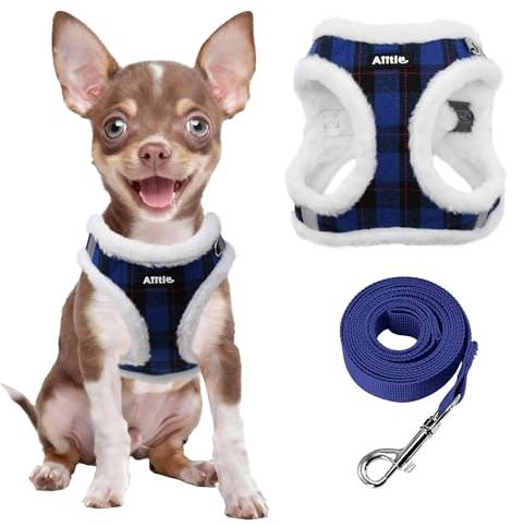 AIITLE Plüschiges, reflektierendes Hundegeschirr- und Leinen-Set – Karomuster, warm, weich, sicher mit Klettverschluss, verstellbar mit gepolsterter Innenseite für kleine Hunde (Blau, XXS)