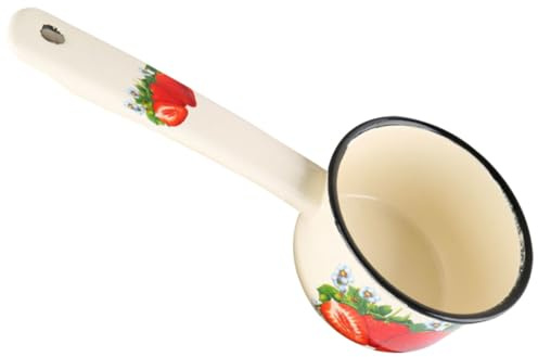 Cabilock Louche Émaillée Longue Poignée pour Cuisine Pot à Lait Vintage Émail Beige Fraise Léger et Facile à Nettoyer Compatible Gaz et Induction