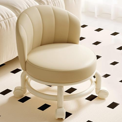 Taburete rodante con respaldo, asiento giratorio de piel sintética con ruedas, silla de oficina compacta para el hogar o el trabajo, diseño cómodo y elegante