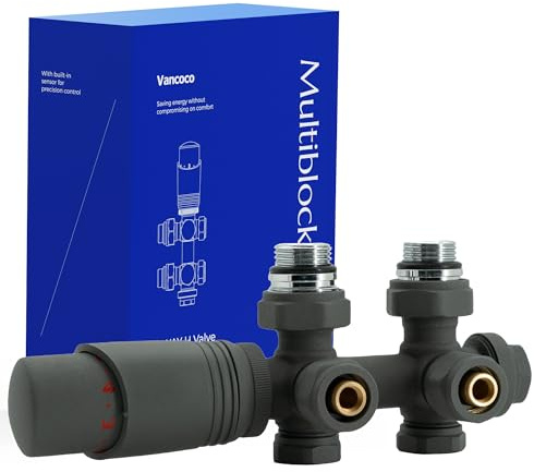 VANCOCO Anthrazit Thermostat Hahnblock 50mm Eurokonus Heizkörper | 50mm Nabenabstand, Eck- und Durchgangsform, passend für Heizkörper & Badheizkörper mit Eurokonus Anschluss