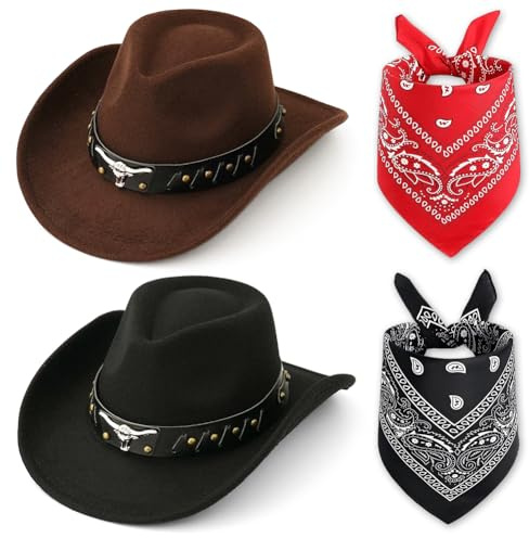 FCXVXCL Cappello Da Cowboy Per Adulti 4 Pezzi Sciarpa e Cappello In Stile Occidentale Con A Testa Di Toro Accessori Di Abbigliamento Cappelli Uomo E Donna Ideale Per Feste A Tema