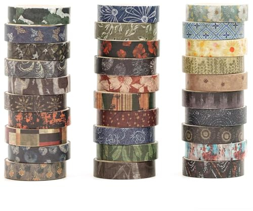 Songdao 30 rouleaux Washi Tape Set, Arts rétro Ruban Adhésif Décoratif Modèle de base Masking Tapes pour Arts, Bullet Journal, Scrapbooking, Bricolage, Emballage (1 nature)