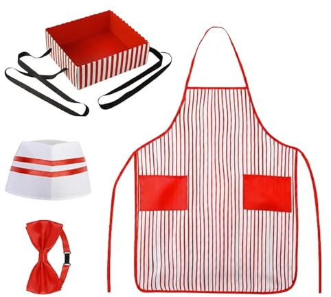 Duohropke Disfraz de palomitas de maíz para mujer, disfraz de vendedor de camarero, estilo años 50, delantal, delantal, pajarita y palomitas de maíz, juego de carnaval