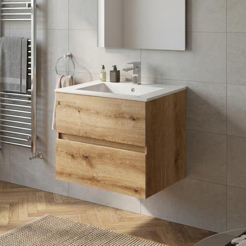 DecHome - Mobile Bagno Sospeso con Lavabo, con 2 Cassetti, 60 x 44.6 x 52 cm, Rovere