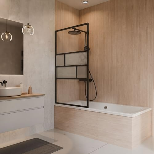 Schulte Badewannenaufsatz 80x140 cm Schwarz Matt – Duschwand für Badewanne ESG Glas 6 mm, geriffeltes Glasdekor Carvella, 1-teilig, Spritzschutz, inkl. Montagezubehör