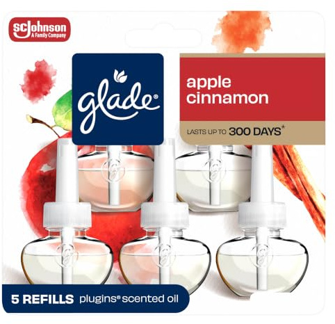 Glade PlugIns Refills Air Freshener, Scented and Essential Oils for Home and Bathroom, Apple Cinnamon, 3.35 Fl Oz, 5 Count