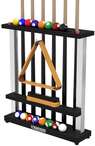 Stradivari Queueständer Francesca | Für bis zu 6 Queues | Für Verschiedene Längen geeignet | Mit Ball- und Bürstenablage und Dreiecksaufhängung | Standfest, Keine Wandbefestigung nötig