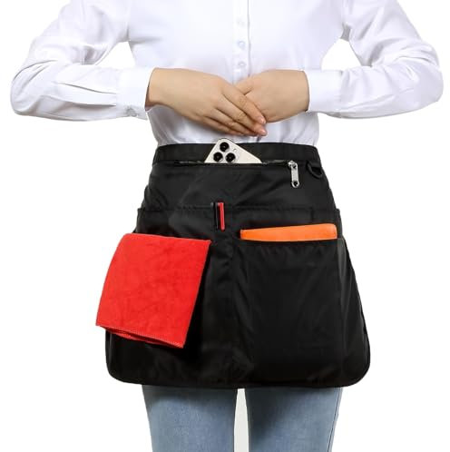 Wasserdichte Servierschürze für Damen mit 7 Taschen, schnell an- und auszuziehen, Kellnerschürze, Arbeitsschürze für Barkeeper, Barista, Schwarz, Regulär