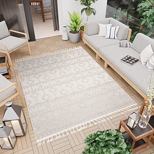 TAPISO Timber Teppich Outdoor Beige Creme Terasse Balkon Sisaloptik mit Fransen Geometrisch Boho Design Küche Indoor Wetterfest ÖKO-TEX 80 x 150 cm