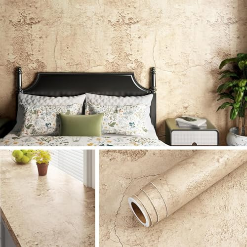 Livelynine Tapete Selbstklebend Sahara Beige 40CMx5M Selbstklebende Tapete Betonoptik Wohnzimmer Schlafzimmer Wand Tapeten Wasserfest Klebefolie Betonoptik Beige Selbstklebende Folie Küche Esszimmer