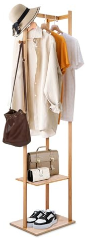 Trintion Coat Stand Rack Bamboo Clothing Rack 155CM Corner Coat Rack Stand Hall Trees Free Standing Clothes Hanging Rail Garment Rack with 2 Shelves 3 Hanger Hooks and Pants Hanger