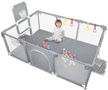 OHMG Laufstall baby,180 * 120cm Laufgitter mit Matratze,Basketballkorb,Zugring,50 Kugeln,Schutzgitter mit Rutschfester Basis, Krabbelgitter für Kinder,Kinderzaun,Sicherheitsspielplatz (Dunkelgrau)