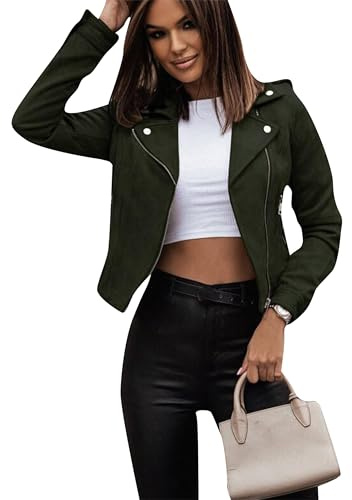 PUDANA Las Mujeres De Cuero De Imitación De Manga Larga Chaqueta De Otoño De Imitación De Gamuza Zip Up Motociclista Abrigo Outwear Verde Militar S
