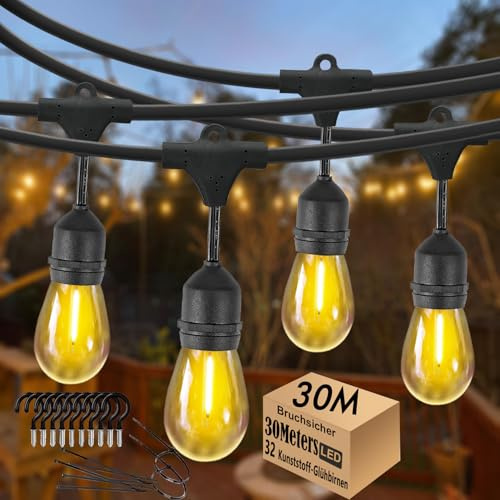 Guirlande lumineuse LED d'extérieur 30 m S14 E27 étanche IP65 avec 30 + 2 ampoules LED 2700 K Blanc chaud pour jardin, terrasse, mariage [Classe énergétique G]