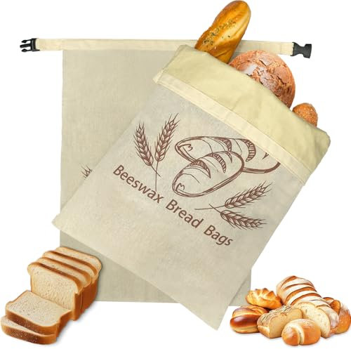 Paquete de 2 bolsas de pan de cera de abeja de masa madre para almacenamiento de pan casero con forro, bolsa de pan reutilizable de lino de algodón para alimentos, almacenamiento de pan de masa madre