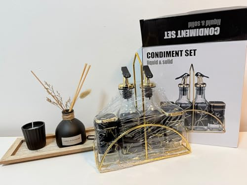 Luxury Product Glass Cruet Set, 4-Piece Oil and Vinegar Dispensers with Salt and Pepper Shakers, 200ml (Black)