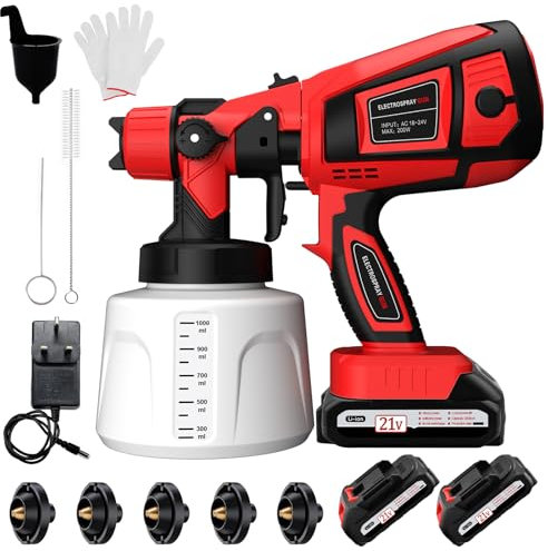 Cordless Paint Sprayer, Paint Sprayers with 21V Battery, Fence Paint Sprayer with 2x 2000mAh Batteries & Charger & 1000ML Container for Walls and Ceilings, Garden Furniture, Sheds